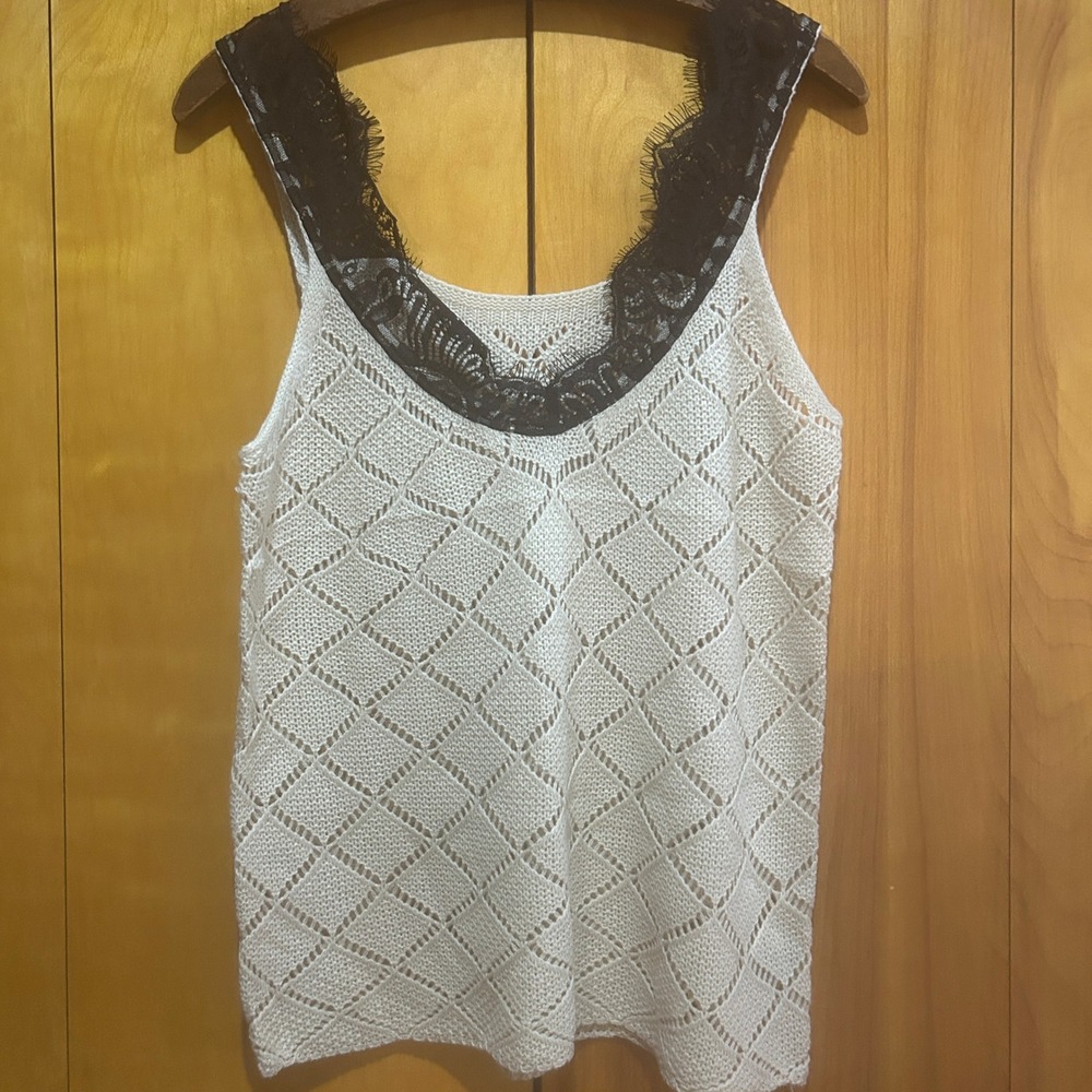 Sweater Top Womens M (Read) Crochet Beige Black Lace Trim‎ Cottagecore Coquette